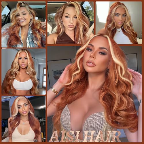 Image of AISI HAIR Ginger Mixed Blonde Wig for Women, Long Wavy Lace Hairline Middle Part Synthetic Wig for Daily Party-26 Inch