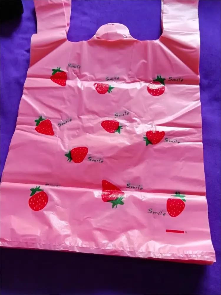 Amzocina Strawberry Plastic Bags, Pink Grocery, Shopping Bag, Restaurants, Convenience Store,Recyclable T Shirt Bags For Small Business, 50 Count