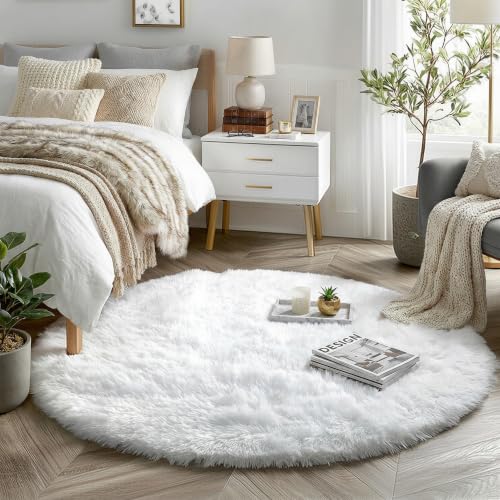 White Round Rug for Bedroom,Fluffy Circle Rug 1.2mX1.2m for Kids Room,Furry Carpet for Teen's Room,Shaggy Throw Rug for Nursery Room,Fuzzy Plush Rug for Dorm,White Carpet,Cute Room Decor for Baby