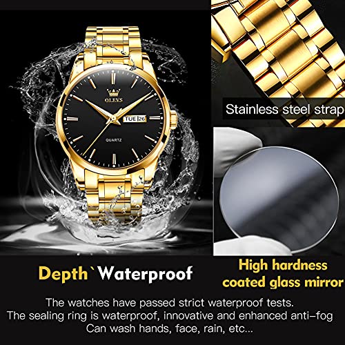 Olevs Fashion Mens Gold And Black Watches With Day Date Wrist Watch For Men Gold Waterproof Stainless Steel Dress Man Watch Luminous Big Dial Wrsitwatches Casual Male Watch Calendar Reloj Para Hombre #TOP2