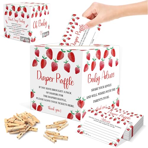 QOFO Baby Shower Games-3 Games:Diaper Raffle Game,Don’t Say Baby Clothespin Games,Advice and Wishes.Strawberry Baby Shower Decorations,Diaper Raffle Box,Baby Shower Advice Cards,Gender Reveal Games,3