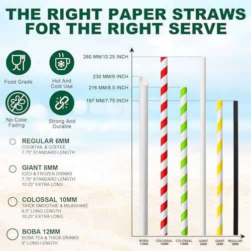[10MM Wide] 10.25 Inch Extra Long Fat Sturdy Paper Drinking Straws for Smoothies, Milkshakes, Thick Frozen Drinks - 100 Counts, Colorful Stripes - Biodegradable by chunspak - Image 9