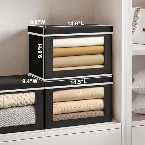 Image of Homsorout Cube Storage Bins with Lids, Clear Window Storage Baskets for Organizing, Fabric Organizer Bins with Handle, Cloth Storage Bins for Shelves, Closet, Clothes, Towels, 4 Packs, Black