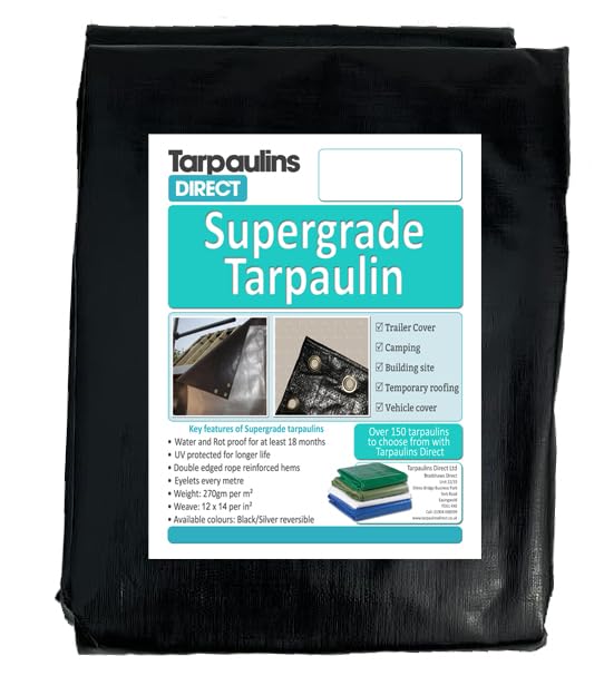 Super Grade Tarpaulin 10.0m X 6.0m 270gsm Black/Silver Ultra Heavy Duty Tarp Sheet with Metal Eyelets