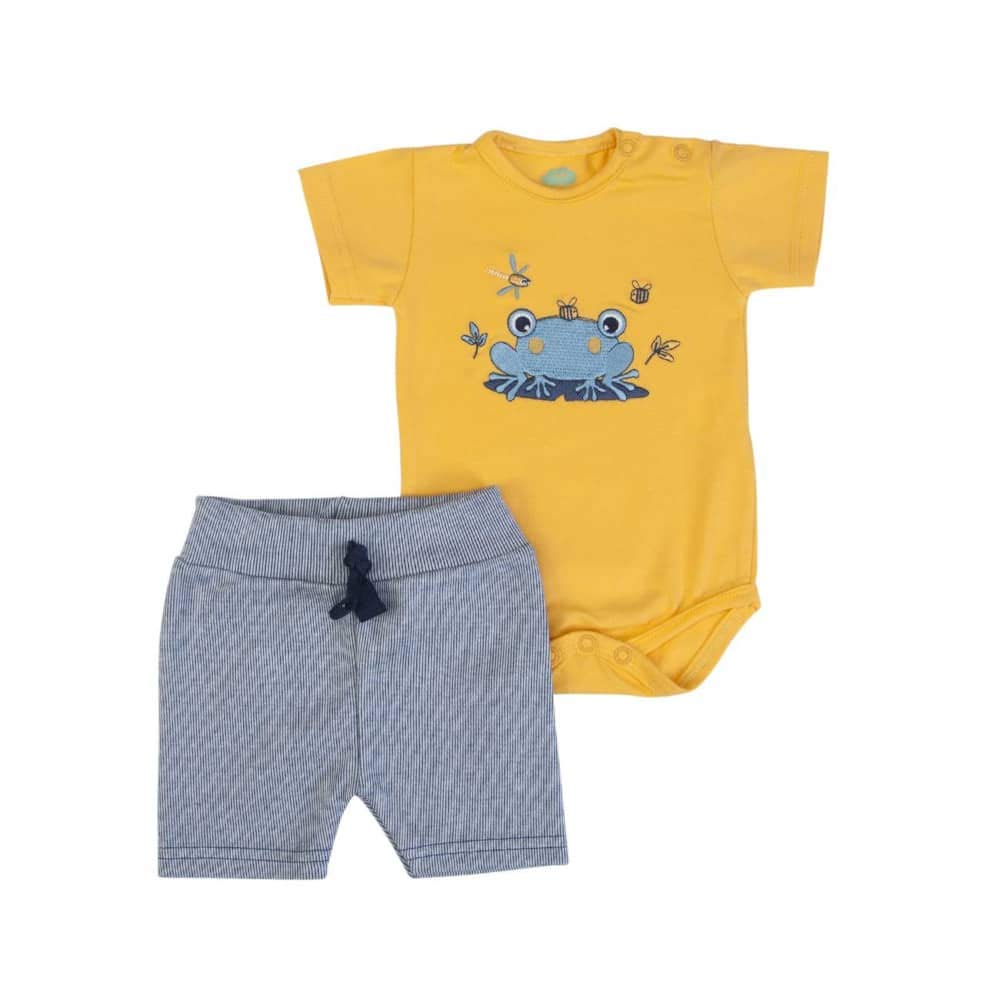 Completino Coordinato Bambino Neonato Estivo 1-18 Mesi t-Shirt Maglia e Pantaloncino Short Cotone Senape Blu Rana