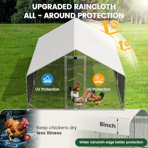 Large Walk-in Metal Chicken Coop with Chicken Run & Hardware Cloth, Solar Light, Waterproof & UV-Resistant Cover, Outdoor Poultry Cage for Farm Use,2 Room