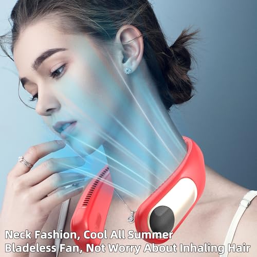 Image of Portable Neck Fan, Personal Wearable Bladeless Fan for Outdoor Indoor, LED Display, 360 Cooling, 4-Speeds, 6000mAh USB Rechargeable, Birthday Gifts for Men Women Dad Mom (Red)