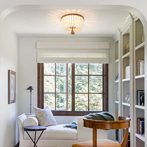 Viluxy Bohemia Wood Beaded Flush Mount Ceiling Light Antique Rustic Mini Chandelier White Finishing For Bedroom, Kitchen Island, Girl Room 3-Light #TOP2