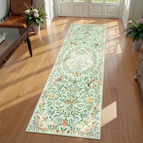 STARUIA Washable Runner Rug Clearance, 2x6 Green Runner Rugs for Hallway, Non-Slip Kitchen Runners, Vintage Unicorn Floral Soft Low Pile Non-Shedding Carpet for Entryway, Bedroom, Bathroom(Sage Green)