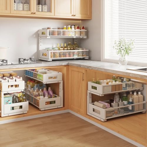 Image of 2 Packs 21IN Depth Under Sink Organizer, 2-Tier Pull Out Cabinet Organizer With Smooth Circular Rail, Large Capacity Metal Mesh Sliding Drawers For Bathroom& Kitchen Storage,Height Adjustable -White