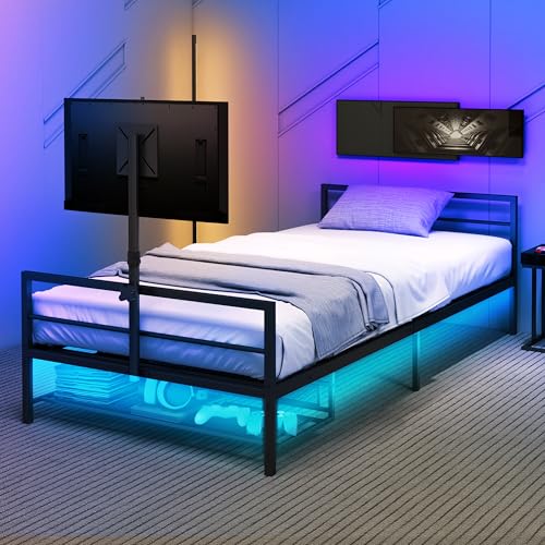 Majnesvon Full Size Gaming Bed Frame with TV Lift in Footboard, Smart Bed with Storage and Rotating TV Mount Frame,Black