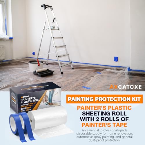 Image of Axgatoxe Plastic Drop Cloth for Painting, Painter's Plastic Sheeting & Tarp | 200' x 9' Plastic Film with 2 Rolls Masking Tape, Waterproof & Dust-proof Furniture /Couch /Floor Protector Painting Supplies
