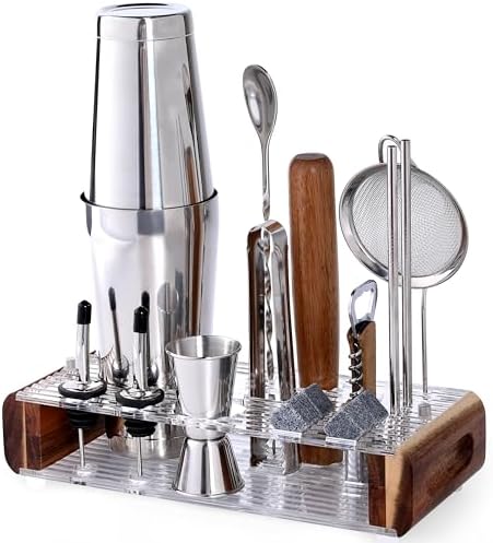 Mixology Bartender Kit with Stand - 15 Piece Bar Tool Set, Silver Bar Set Cocktail Shaker Set for Drink Mixing - Includes Martini Shaker, Jigger, Strainer, Bar Mixer Spoon, Tongs, Opener | Gift Idea - Thumbnail 3