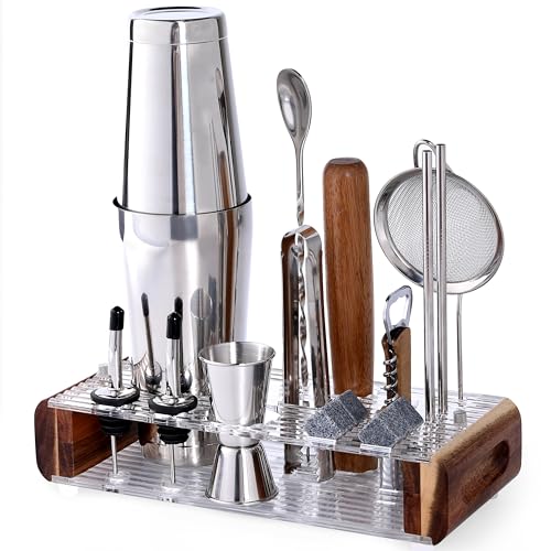 Image of Mixology Bartender Kit with Stand - 15 Piece Bar Tool Set, Silver Bar Set Cocktail Shaker Set for Drink Mixing - includes Martini Shaker, Jigger, Strainer, Bar Mixer Spoon, Tongs, Opener | Gift Idea