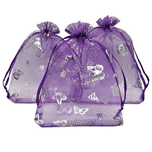 Ankirol 100Pcs Sheer Organza Favor Bags Purple Butterfly Print For Wedding Bags Samples Display Drawstring Pouches (4X6) #TOP2