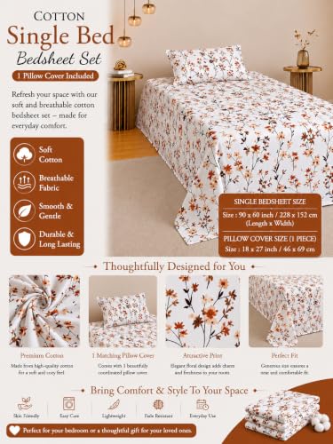 Image of IVAZA 260 TC Soft Ezyption Cotton Floral Single Bed Sheet - Single bedsheet with 1 Pillow Cover Hypoallergenic, Brethable, (Size- 90 x 60 Inch Rust Orange