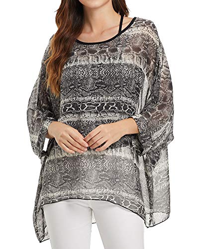Rokou Women's Floral Blouse Loose Batwing Sleeve Beach Chiffon Poncho Sheer Tunic Tops (Large, Color55)