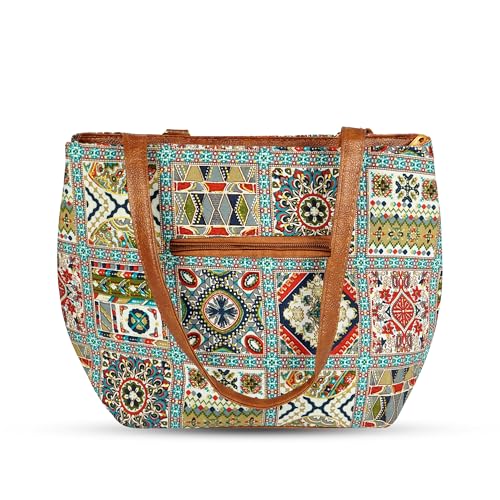 Image of Storite Women's Tote Bag with Leather Handles & Embroidery Printed Handbag with Zip Pockets, Shoulder Tote Bag and Handbag for Office and College