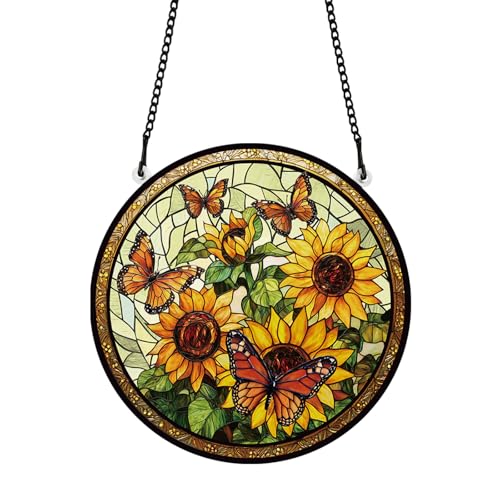 PLIGREAT Sonnenfänger Aus Acrylglas Mit Sonnenblumenmotiv Bunter Schmetterling Für Terrasse Und Garten Zum Aufhängen Baumschmuck Für Wohnzimmer Schlafzimmer Spielzimmer Fensterdekoration