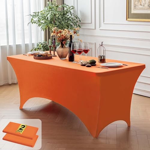 Image of FOLINS&HOME 2 Pack Orange 4ft Fitted Spandex Water Resistant Tablecloth | Washable Elastic Rectangle Table Cover for 4 Foot Folding Tables, Stretch Table Cloth for Weddings, Banquets, Parties (2 Pcs)