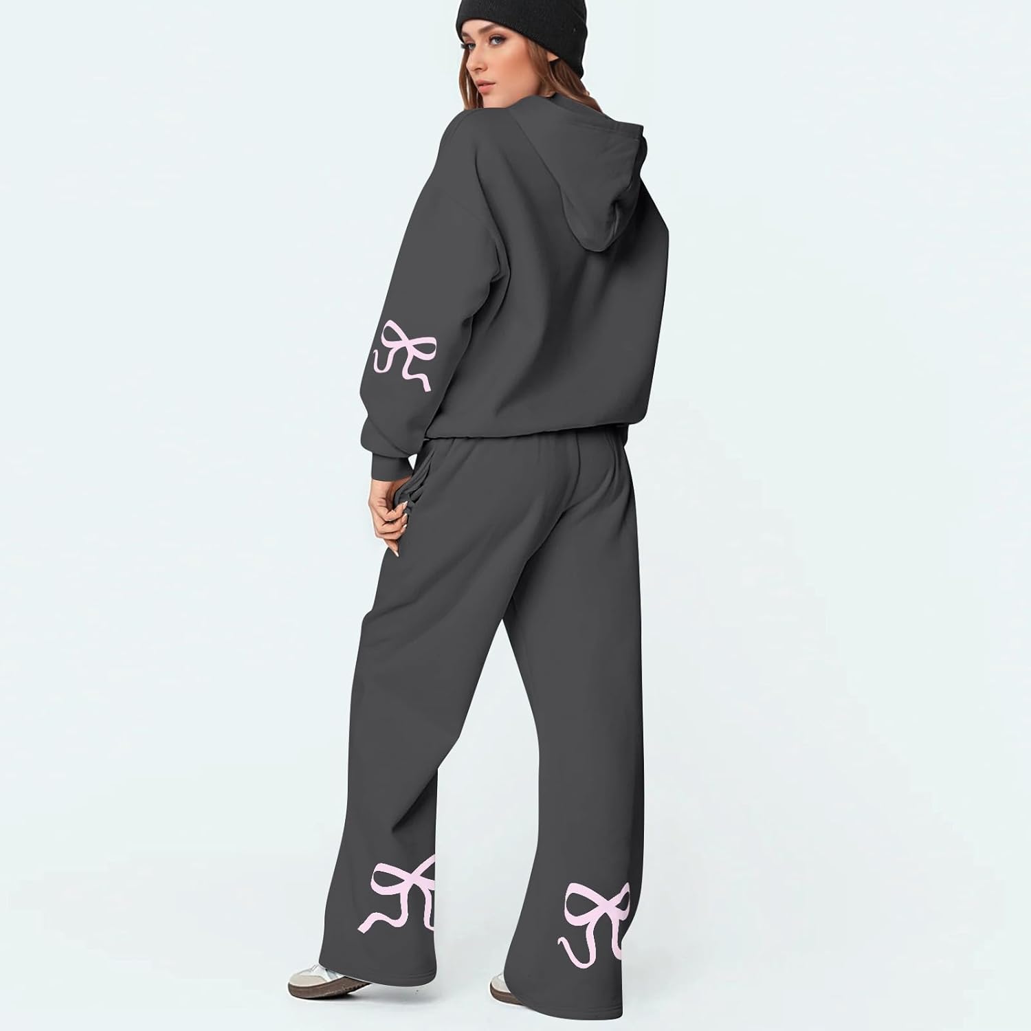 Gumipy Sweatsuits Women 2 Piece Outfit Bow Graphic Cute Hoodies Matching Wide Leg Sweatpants Lounge Sets Fleece Sweat Set - Image 3