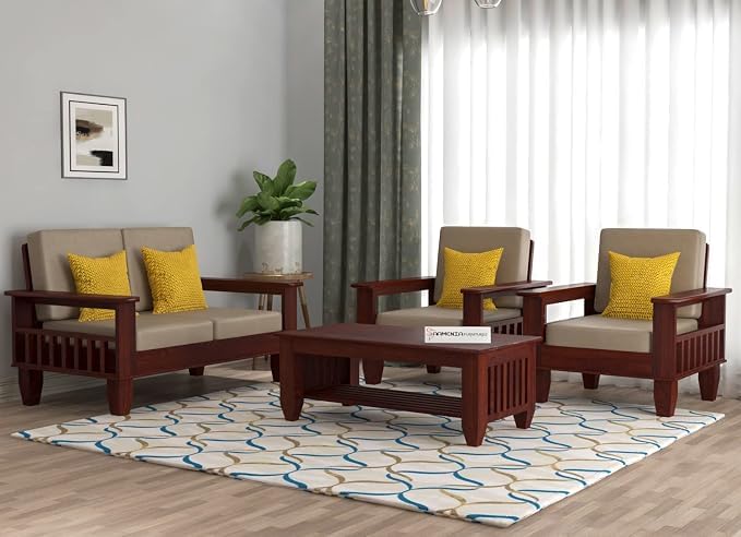 Image of Sheesham Wooden 4 Seater Sofa for Living Room | Rosewood 4 Seater Cushion Sofa with Side Newspaper Holder for Home & Office | Solid Wood Sofa Set for Lounge (Mahogany,2+1+1 Seater)