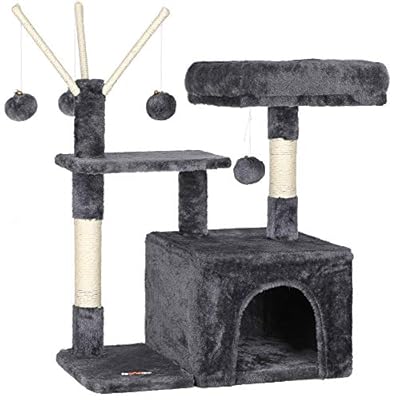 FEANDREA Cat Tree for Kitten, Cat Condo, 72 cm, 3 Pompoms, Smoky Grey PCT121G01