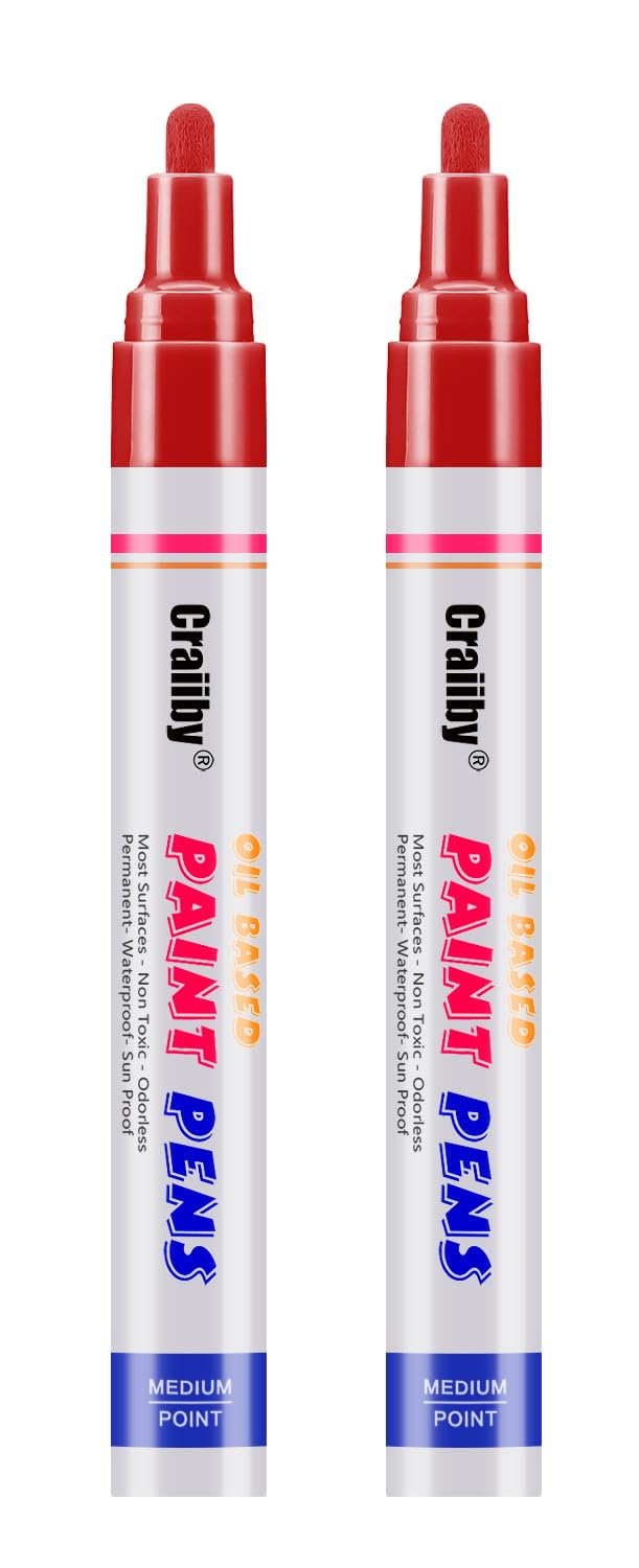 Red Paint Markers, 2 Pack Oil-Based Waterproof Quick Dry Permanent Paint Pen Set for Rocks Painting, Wood, Fabric, Plastic, Canvas, Glass, Mugs, Metal, Tire, Stone, DIY Craft