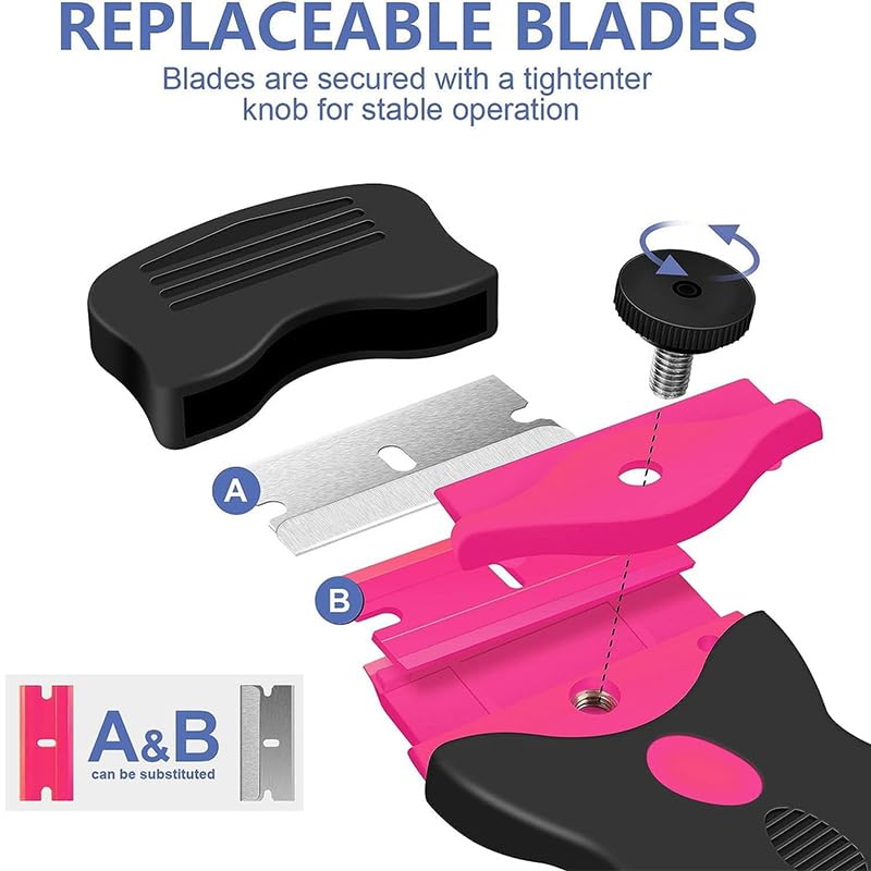 21pcs Multi-Purpose Razor Blade Scraper, Double Edged Scraping Tool with 10 Pcs Razor Blades, Paint Scraper for Glass, Floor Door & Wall Cleaning, Pink