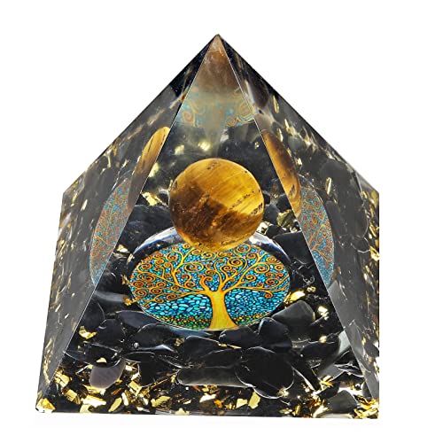 Amogeeli Tigerauge Kristallkugel Pyramidenstein mit Baum des Lebens Symbol, Positive Energie Chakra Heilstein Reiki Pyramide Deko für Meditation, Spirituelle Heilung, Büro Feng Shui Cover