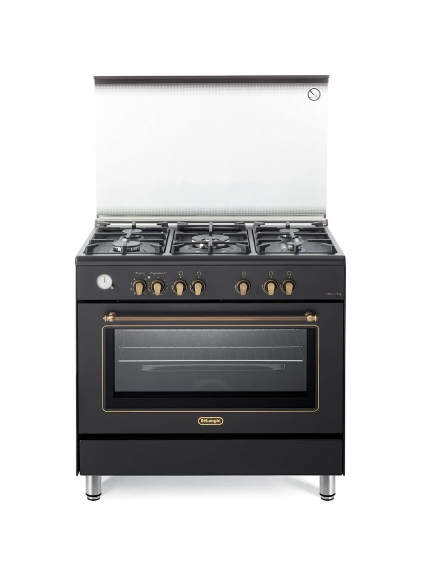 De'Longhi PEMA 965 CSG Cucina A Gas, 90 Cm, Forno Elettrico Multifunzione, 5 Bruciatori, 1 Doppia Corona, Coperchio In Vetro, Linea Country, Colore Nero, Classe Energetica A