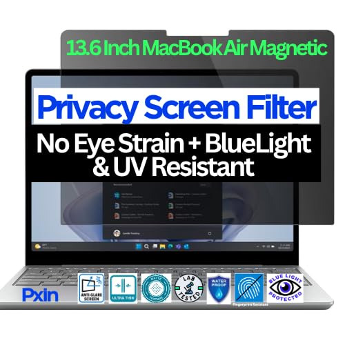 Image of Pxin 13.6 Inch MacBook Air Magnetic Privacy Screen Filter | Silicone Grip | Anti Glare | Anti Blue Light | 99% UV A /B /C Block | BRIOPIX Grid Tech | Removable Laptop Screen Privacy Guard