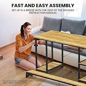 Halter wood computer desk with monitor shelf 55 inch industrial studio gaming desk with storage dual monitor stand home office pc desk modern rustic compact writing desk walnut and black  urban country home decor