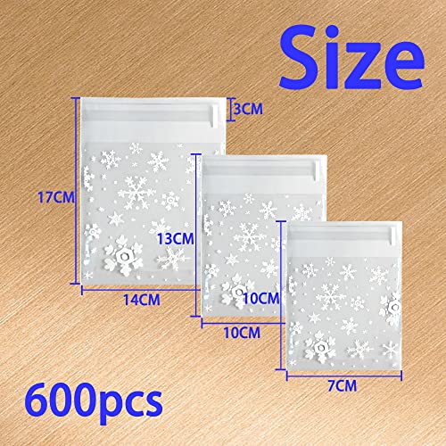 HVDHYY 600pcs Sachet Plastique Transparent Noel Sachet Bonbon Biscuit Petit Sacs OPP Cellophane Autocollants 7X10cm 10X13cm 14X17cm pour fête d'anniversaire/Noël /Mariage (Flocon de neige) - Image 3