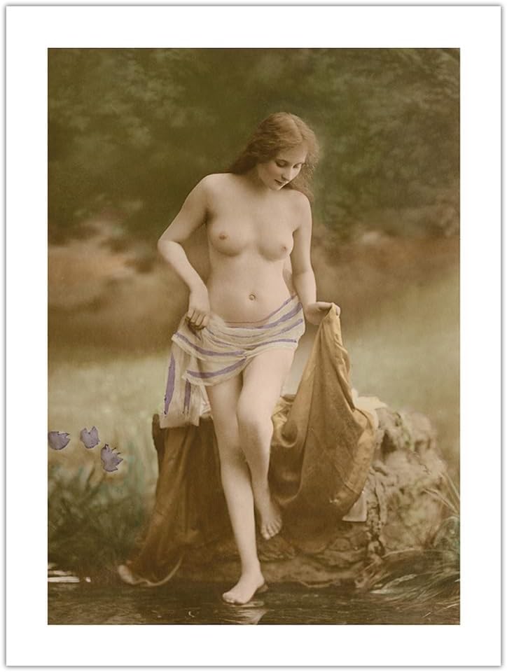 Classic Vintage French by Lake - Hand-Colored Tinted Art - From a German Risque Postcard by NPG Studio c.1910s - Bamboo Fine Art 290gsm Paper (Unframed) 12x16in