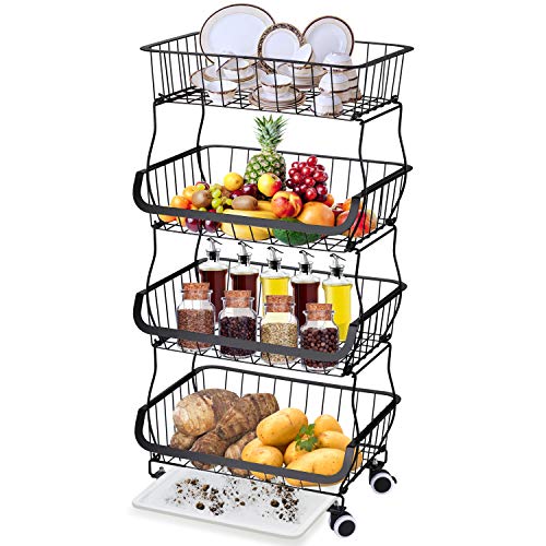 Brusmo キッチンワゴン トレイ付属 キャスター付き 4 段 スタッキング式 バスケット 調味料/皿/野菜/服収納 洗濯室 バルコニー 多機能ランドリー収納 工具付き ブラック (K)