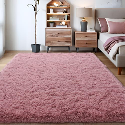KING DARE Blush Rugs for Living Room, 5x7 Fluffy Shag Area Rug for Bedroom, Non-Slip Modern Shaggy Carpet Fuzzy Rug for Teens Dorm Nursery Home Decor Aesthetic