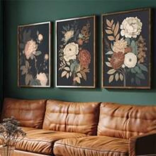 Art mural de bouquet vintage : lot de 3 toiles dark academia 40x60cm encadrées pour salon