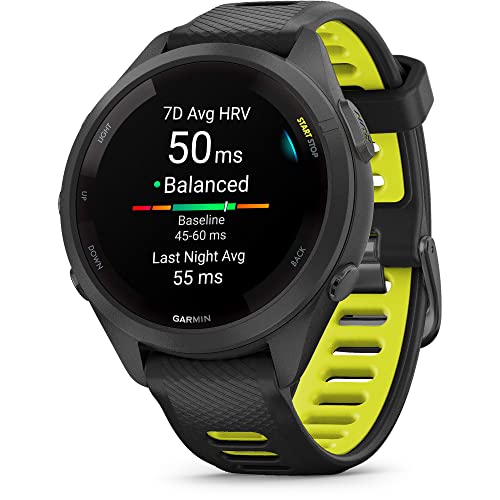 Image of Garmin Forerunner 265S Running Smartwatch, Colorful AMOLED Display, Training Metrics and Recovery Insights, Black and Amp Yellow, 42 mm (Renewed)