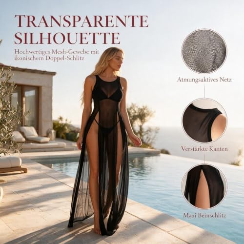 Sexy durchsichtiges Netzkleid mit hohem Schlitz, langes Kleid als Bikini-Überwurf zum Abdecken von Bikini-Oberteilen, Fischnetz-Strandmode-Badeanzug als Strandkleid für Damen, Schwarz, One – Bild 2