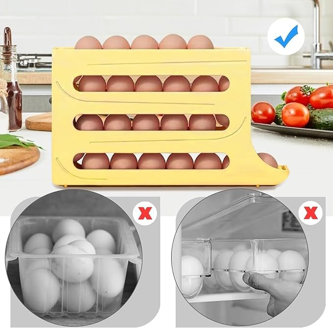Image of 30 -Egg Holder Organiser With Automatic Rolling Dispenser For Refrigerator| Kitchen| Hotel, With Multi-layer Storage Rack. (Beige)