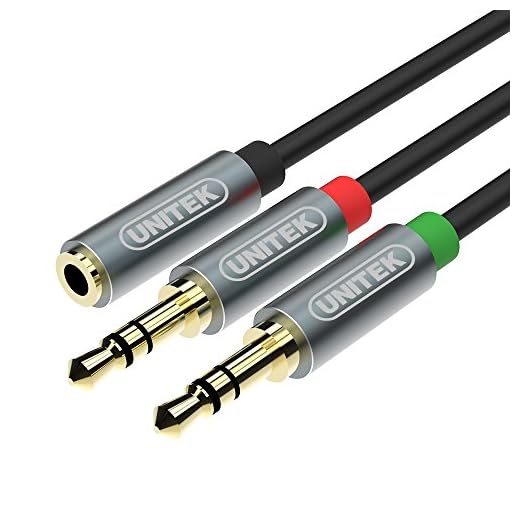 UNITEK aluminium förgylld 3, 5 mm stereo uttag på 2 manliga Y-plitter AUX-kabel med separata hörlurar/mikrofon svart