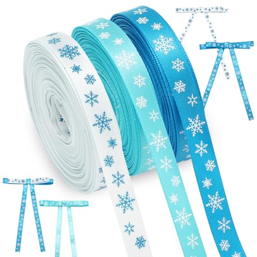 JarThenaAMCS 6 Rolls 60 Yards Frozen Snowflake Ribbon 3/8 Wide Blue White Snowflake Wired Edge Ribbon Xmas Satin Decor for Winter DIY Crafts Gift Wrapping Accessories