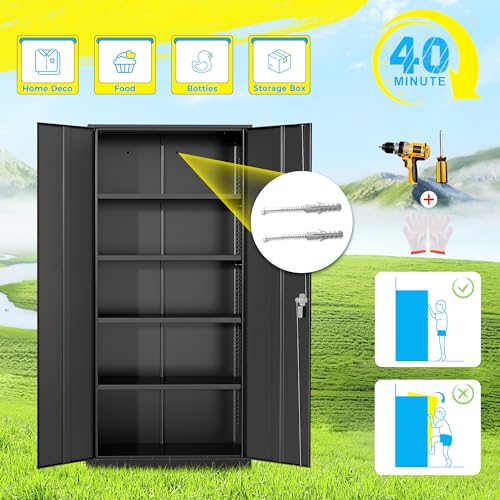Pataku 71\'\' Metal Storage Cabinet, Garage Storage Cabinet with 2 Doors and 4 Adjustable Shelves, Steel Lockable Storage Cabinet, Black File Cabinets for Home, Office, Warehouse