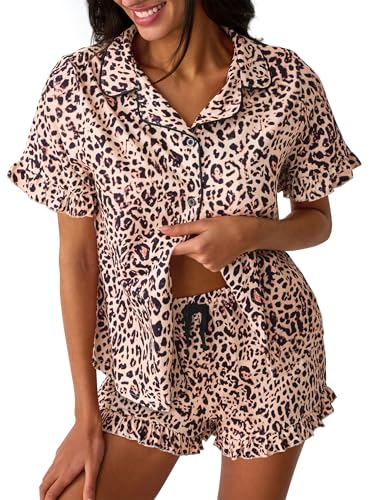 SOFIA'S CHOICE Women's Cheetah Print Pajamas Set Ruffle Button Up Sleepwear Top and Cute Shorts Lounge Set