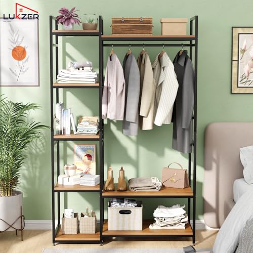 Image of Lukzer Heavy Duty Garment Rack with 8 Shelves & Hanging Rod | Free-Standing Modern Clothes Stand Metal & Engineered Wood Shoe Rack with Adjustable Foot Pads for Living Room - MMR-004 /Black & Oak Brown