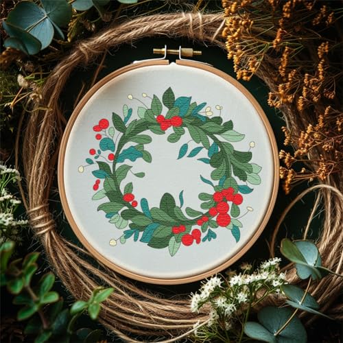 Image of Peacoblue Water Soluble Embroidery Patterns for Beginners, Christmas Flower Wreath Reindeer 4 Sheets with 14pcs, Wash Away Embroidery Pattern Stabilizer for Hand Sewing Lover Women Adults