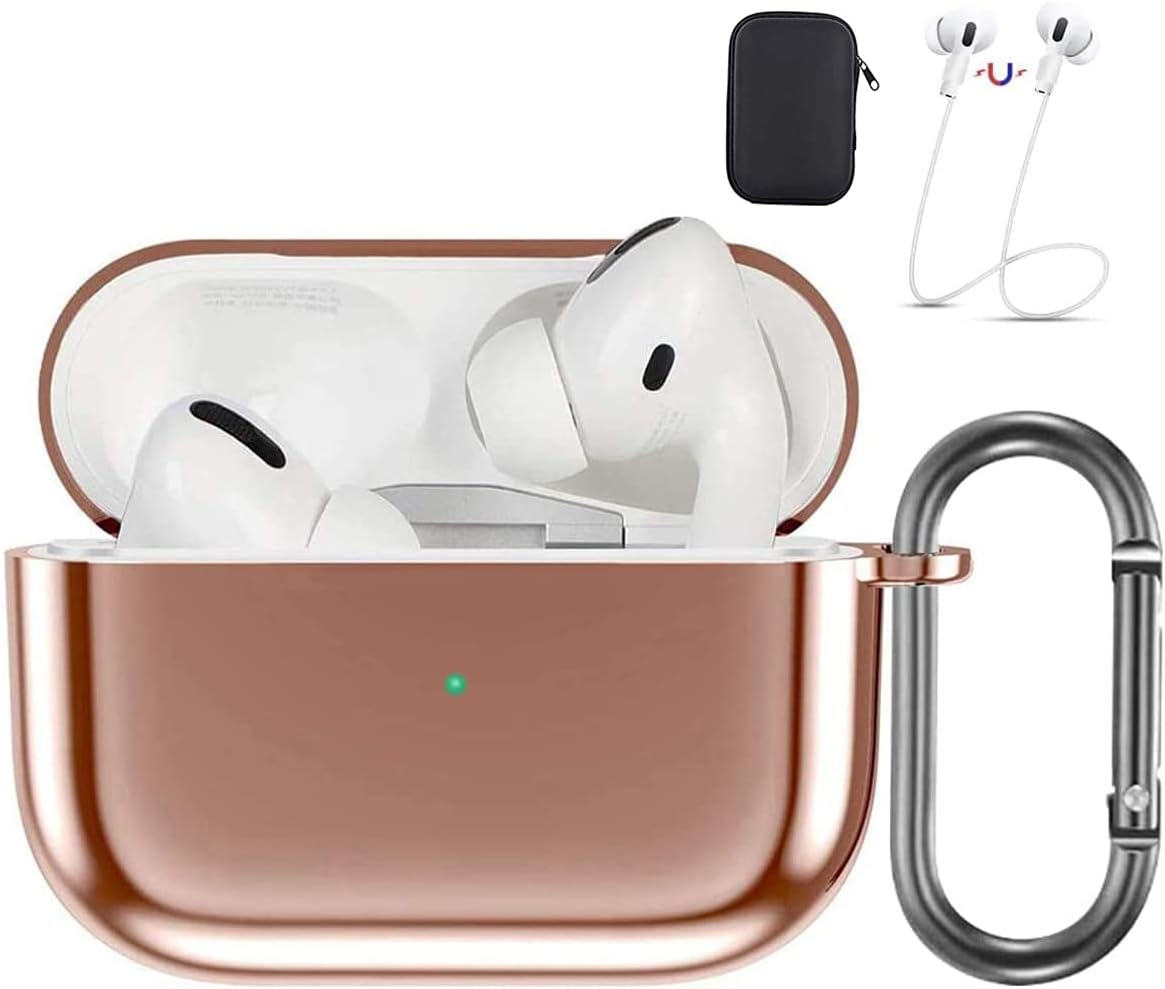 Aiiko AirPods Pro Case Cover, Soft TPU Plated Full Protective Shockproof Cover with Keychain/Anti-Lost Straps and EVA Box Set for AirPods Pro Case 2019 (Front LED Visible)-Rose Gold