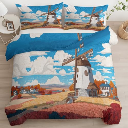 Genérico Funda de Edredón Molinos De Viento Nubes Casas Paisaje en Microfibra Suave, Transpirable y Hipoalergénica, Lavable a Máquina con Cremallera para Cama 90-180 x 220 cm Azul