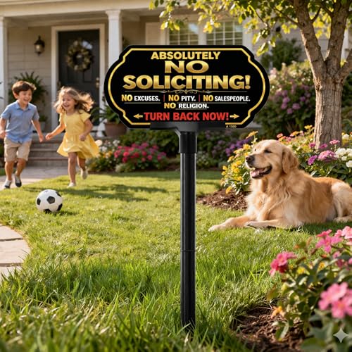 Image of Absolutely No Soliciting Sign for House, 10 x 5 Inch Yard Sign with Stake | Aluminum No Soliciting Yard Sign with Adjustable Stake, UV Printed Weatherproof Outdoor Sign for Home and Property